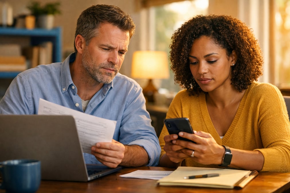 Couple reviewing savings account rates together on a laptop at home