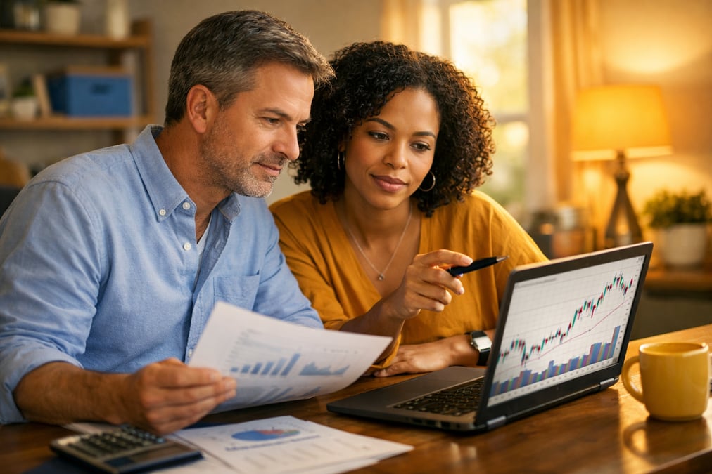 Professional reviewing stock valuation charts on a laptop at a sunlit home office